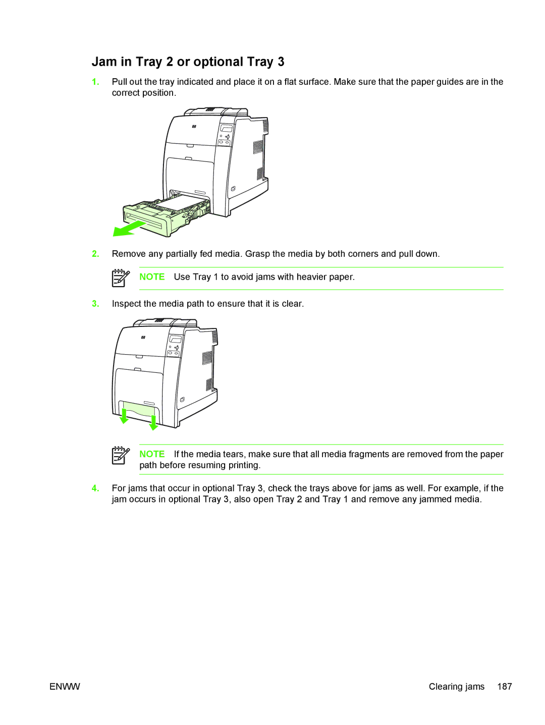 HP CP4005 manual Jam in Tray 2 or optional Tray 