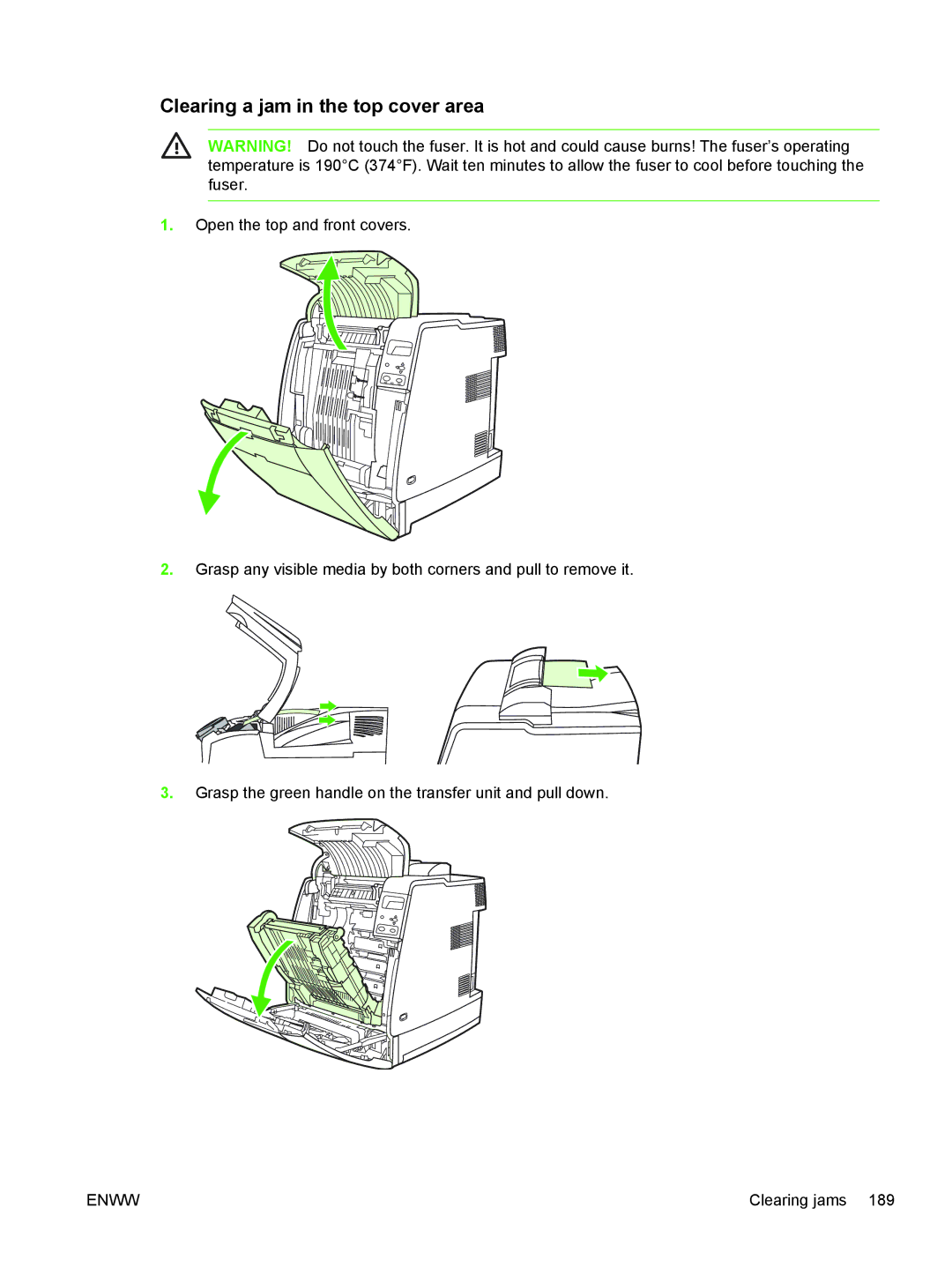 HP CP4005 manual Clearing a jam in the top cover area 