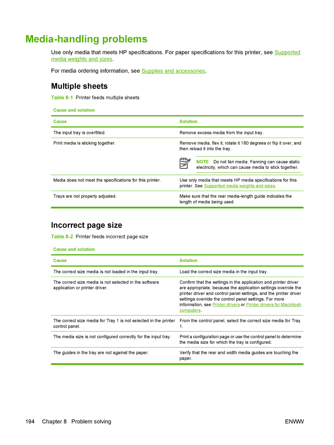 HP CP4005 manual Media-handling problems, Multiple sheets, Incorrect page size, 1Printer feeds multiple sheets 