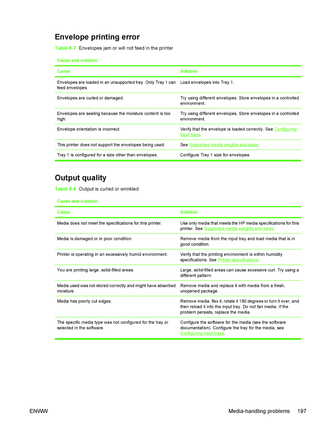 HP CP4005 manual Envelope printing error, Output quality, 7Envelopes jam or will not feed in the printer 