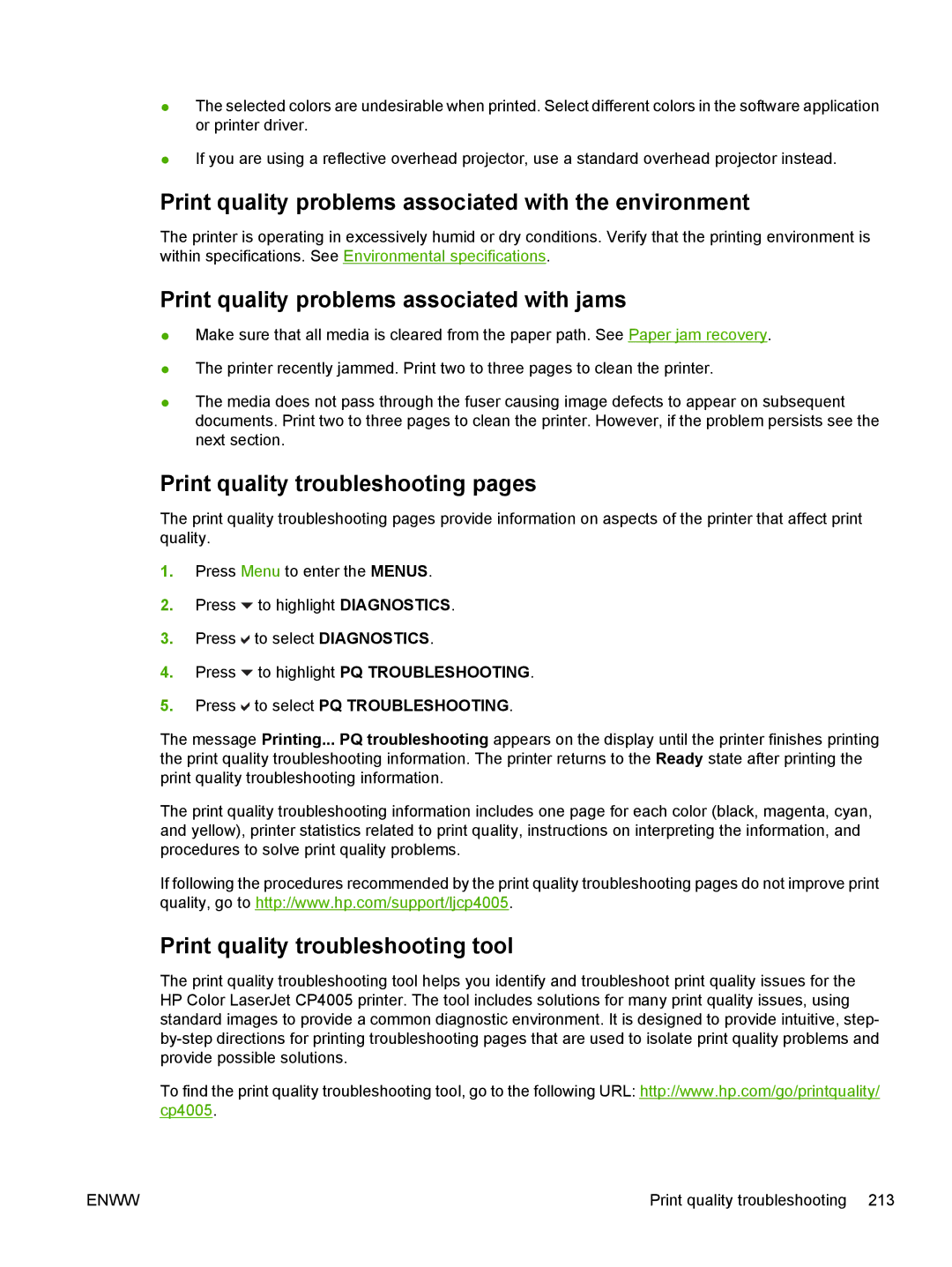 HP CP4005 manual Print quality problems associated with the environment, Print quality problems associated with jams 