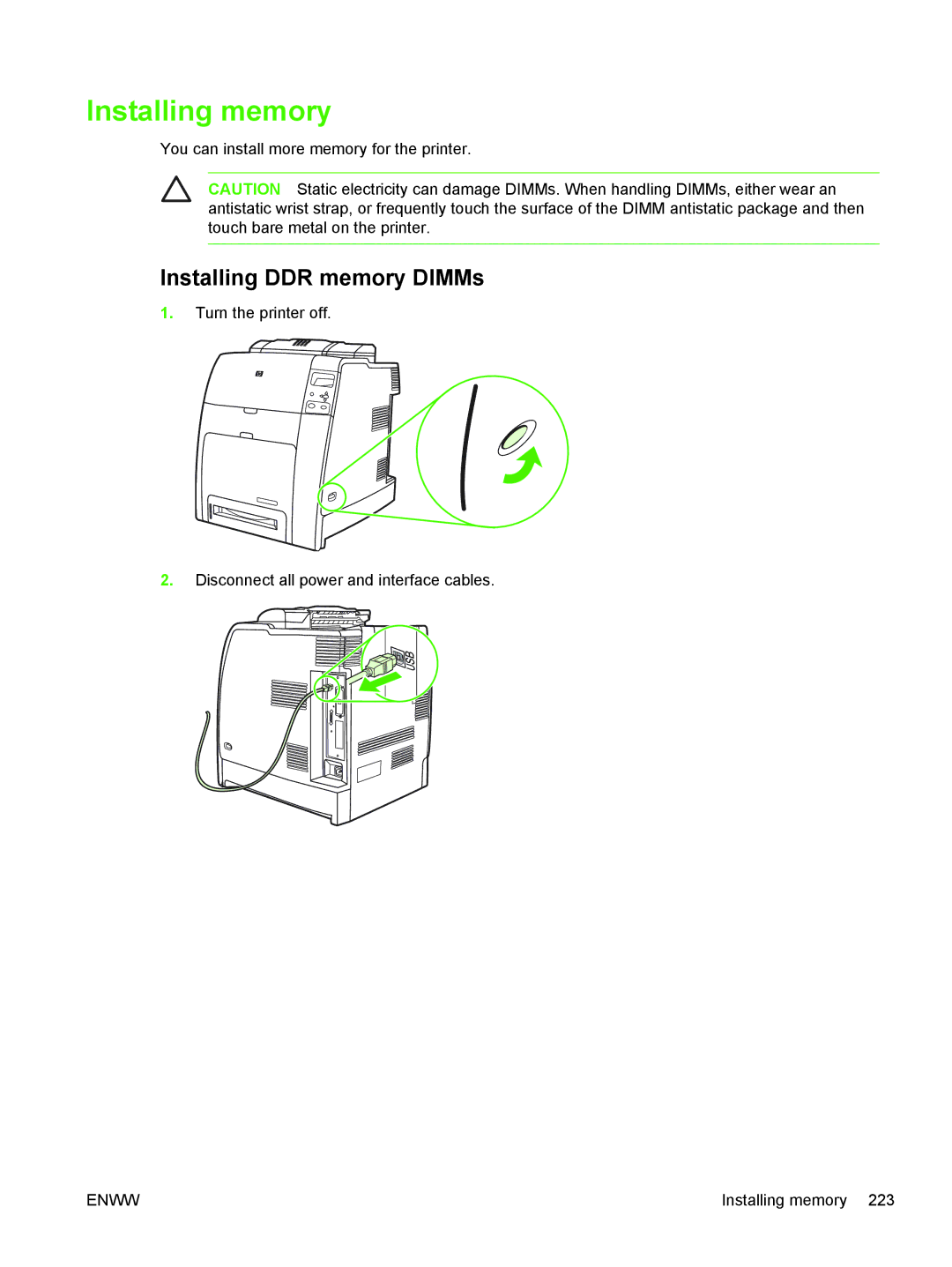 HP CP4005 manual Installing memory, Installing DDR memory DIMMs 