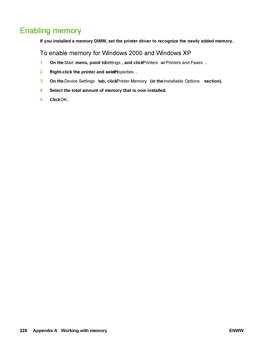 HP CP4005 manual Enabling memory, To enable memory for Windows 2000 and Windows XP 