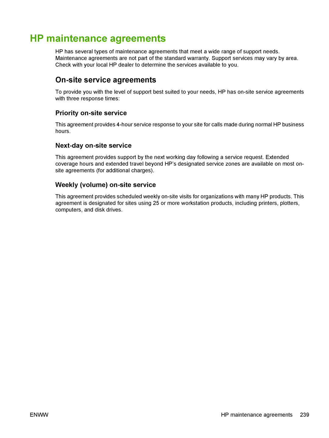 HP CP4005 manual HP maintenance agreements, On-site service agreements, Priority on-site service, Next-day on-site service 