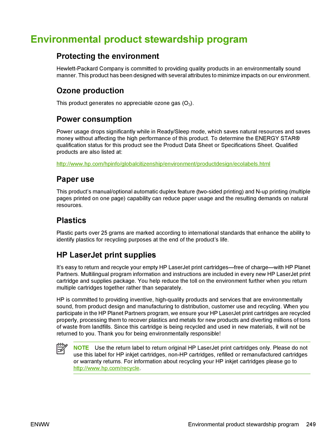 HP CP4005 manual Environmental product stewardship program 