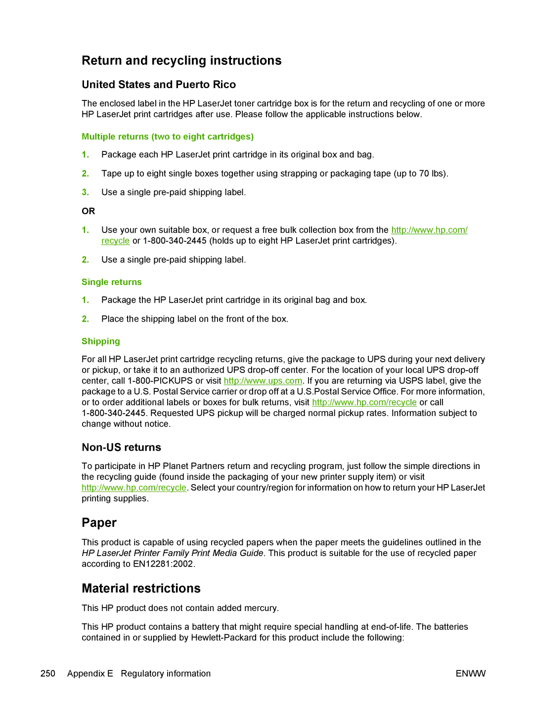 HP CP4005 Return and recycling instructions, Paper, Material restrictions, United States and Puerto Rico, Non-US returns 