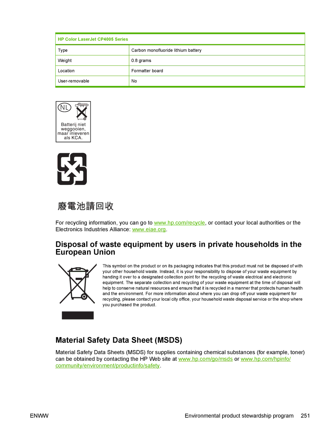 HP manual Material Safety Data Sheet Msds, HP Color LaserJet CP4005 Series 