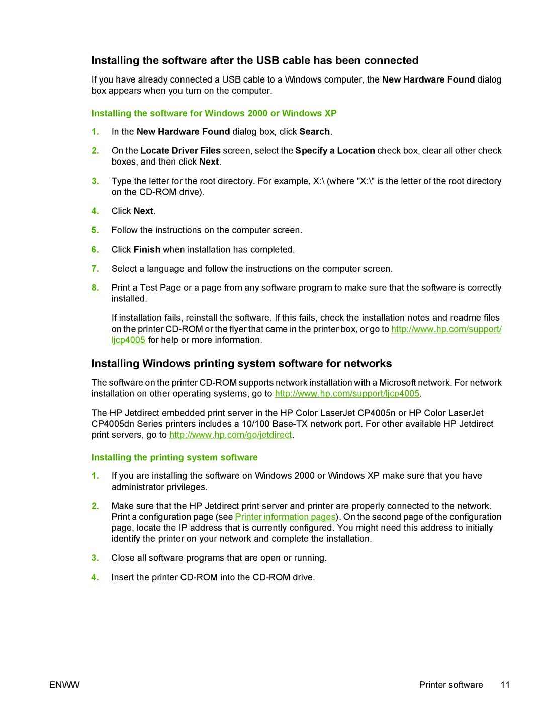 HP CP4005 Installing Windows printing system software for networks, Installing the software for Windows 2000 or Windows XP 