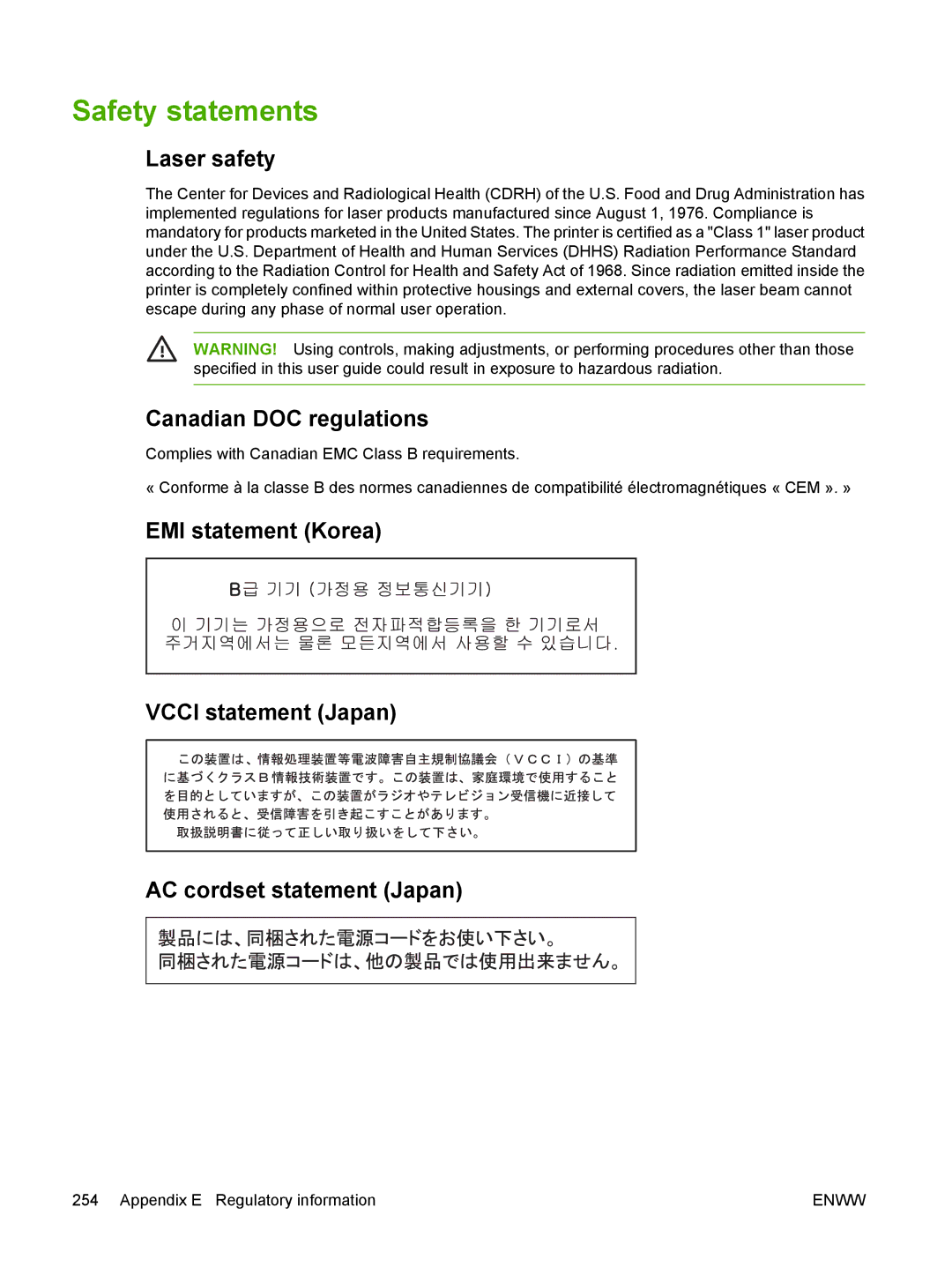 HP CP4005 manual Safety statements, Laser safety, Canadian DOC regulations 