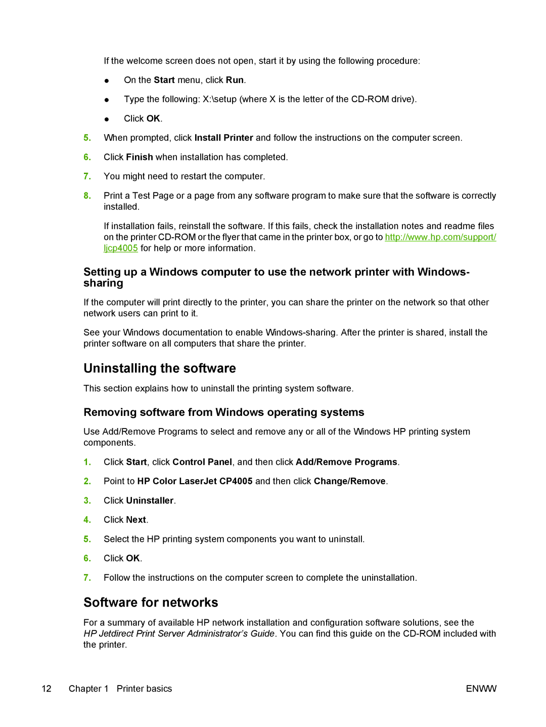 HP CP4005 manual Uninstalling the software, Software for networks, Removing software from Windows operating systems 