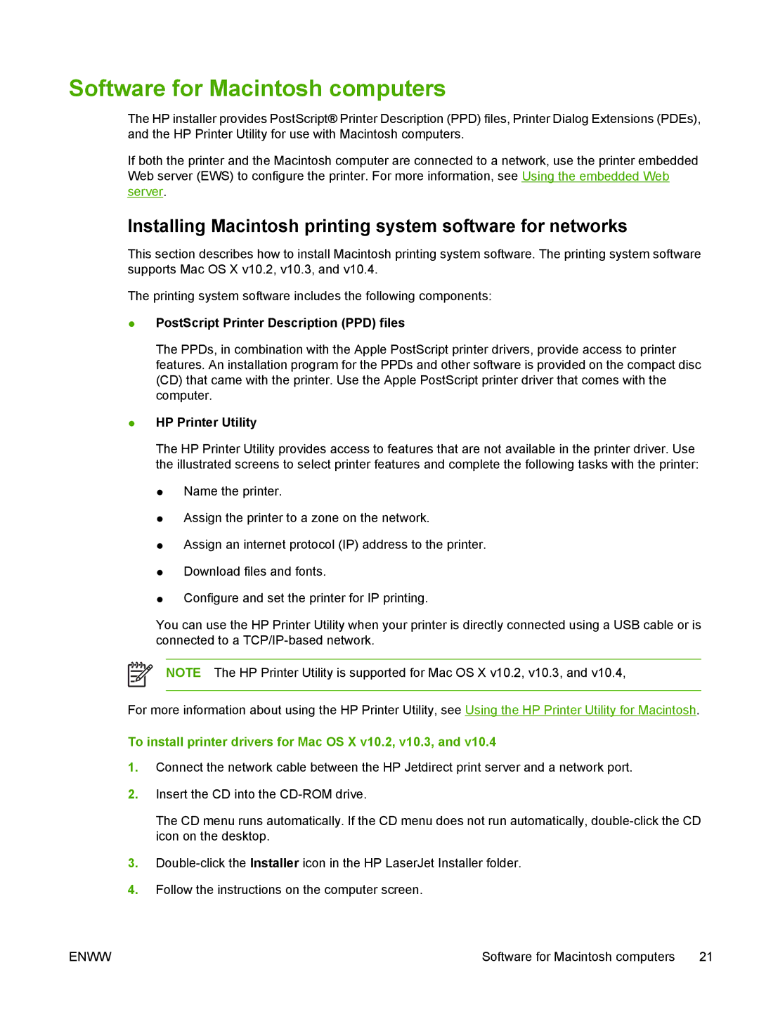 HP CP4005 Software for Macintosh computers, Installing Macintosh printing system software for networks, HP Printer Utility 