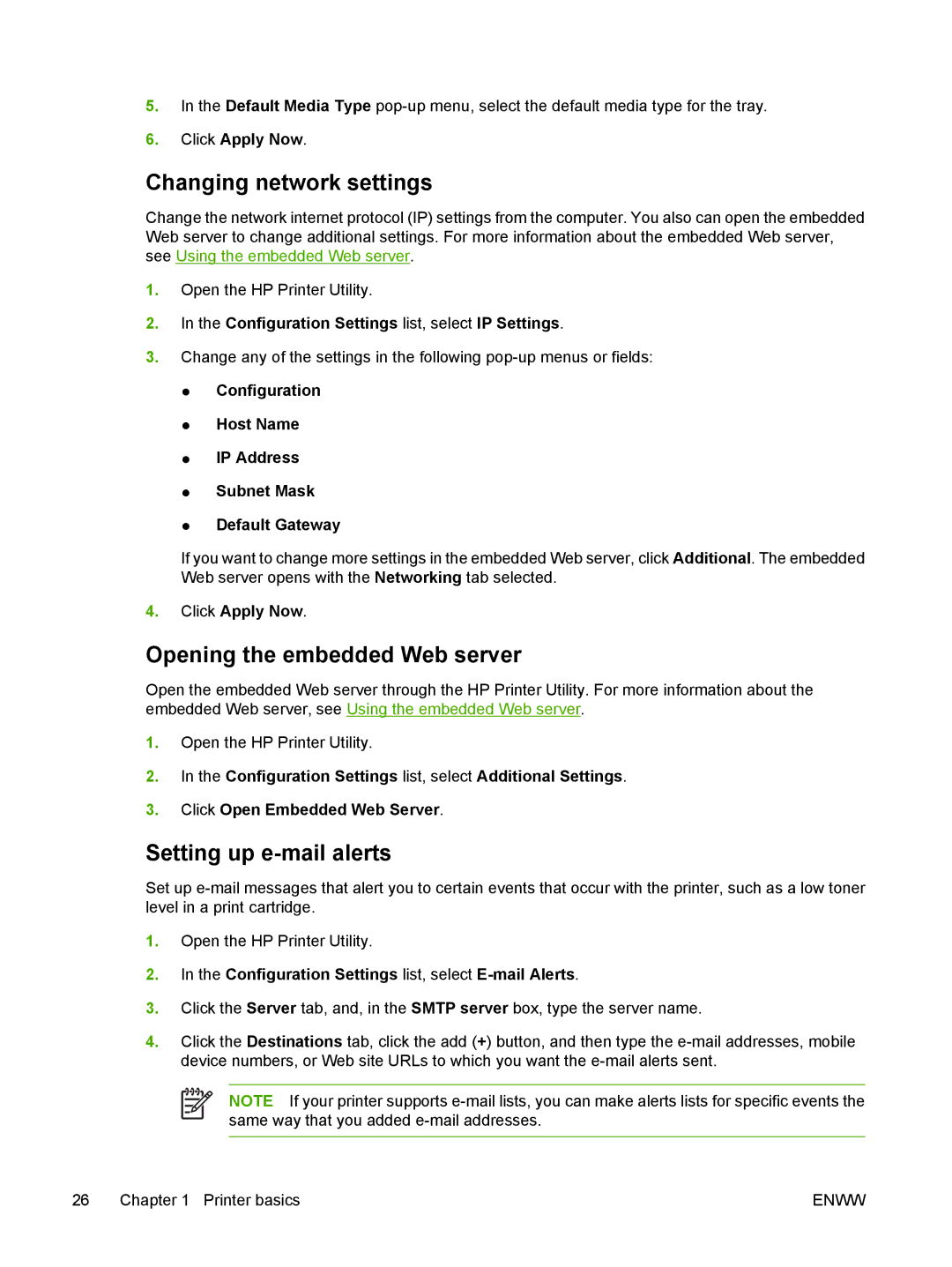 HP CP4005 manual Changing network settings, Opening the embedded Web server, Setting up e-mail alerts 