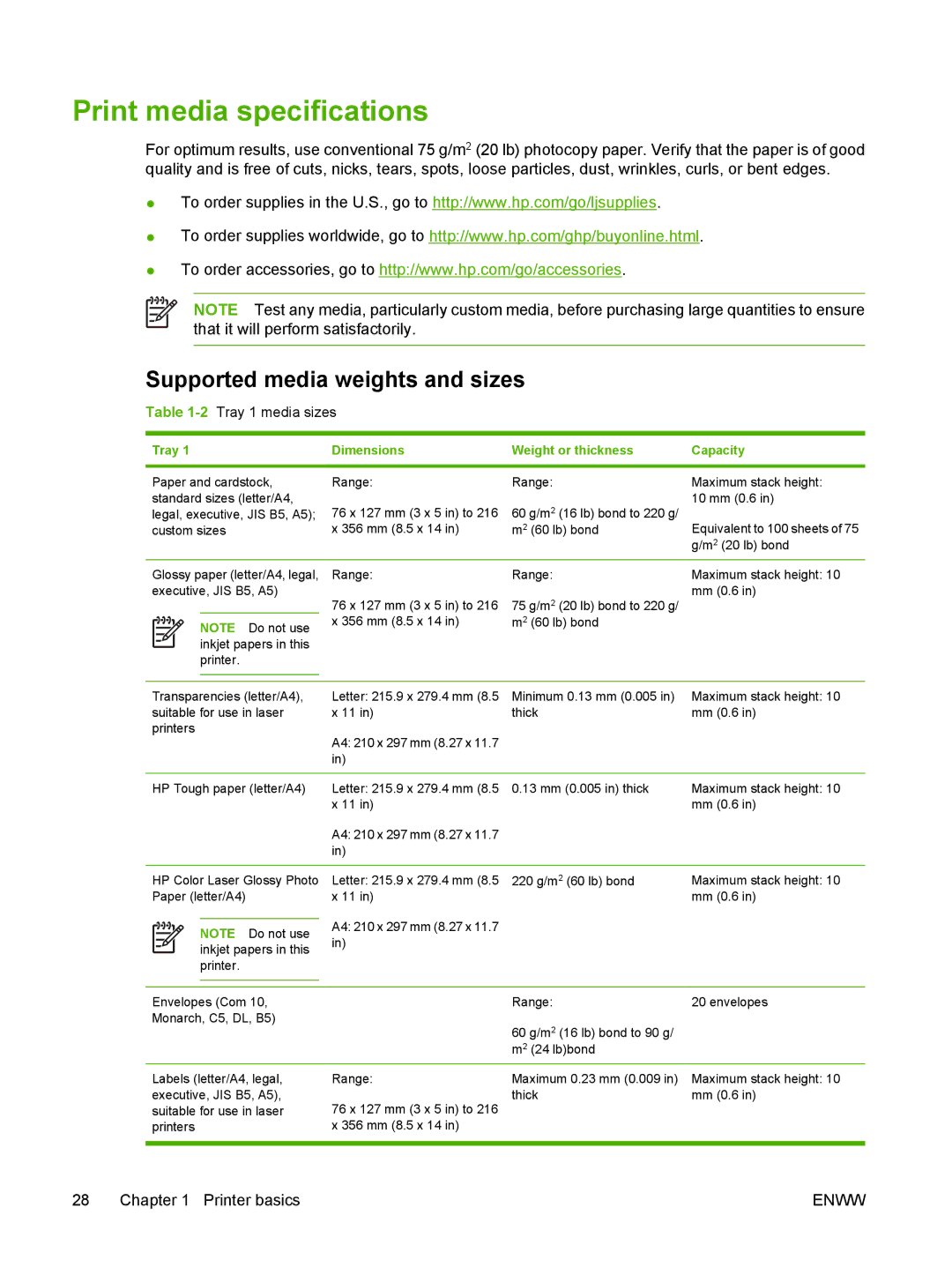 HP CP4005 manual Print media specifications, Supported media weights and sizes, 2Tray 1 media sizes 