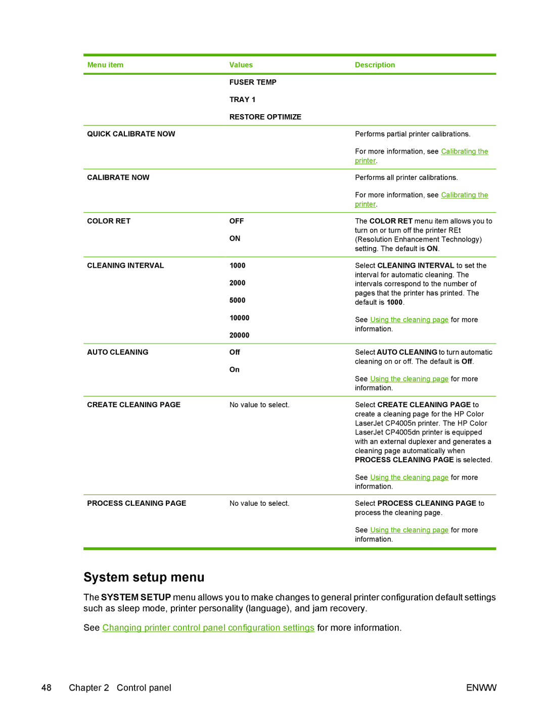 HP CP4005 manual System setup menu, Fuser Temp Tray Restore Optimize Quick Calibrate NOW, Color RET OFF 