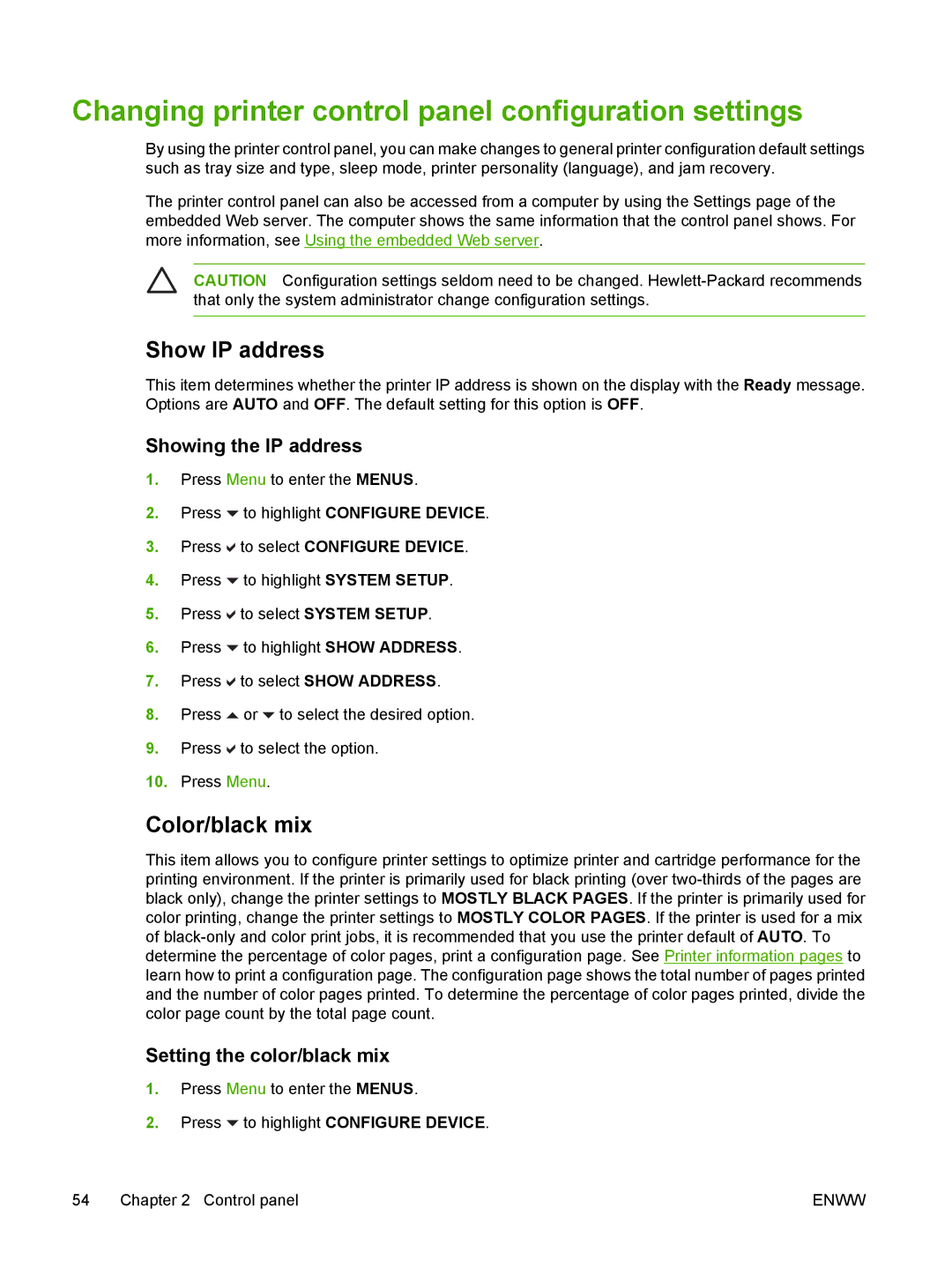 HP CP4005 Changing printer control panel configuration settings, Show IP address, Color/black mix, Showing the IP address 