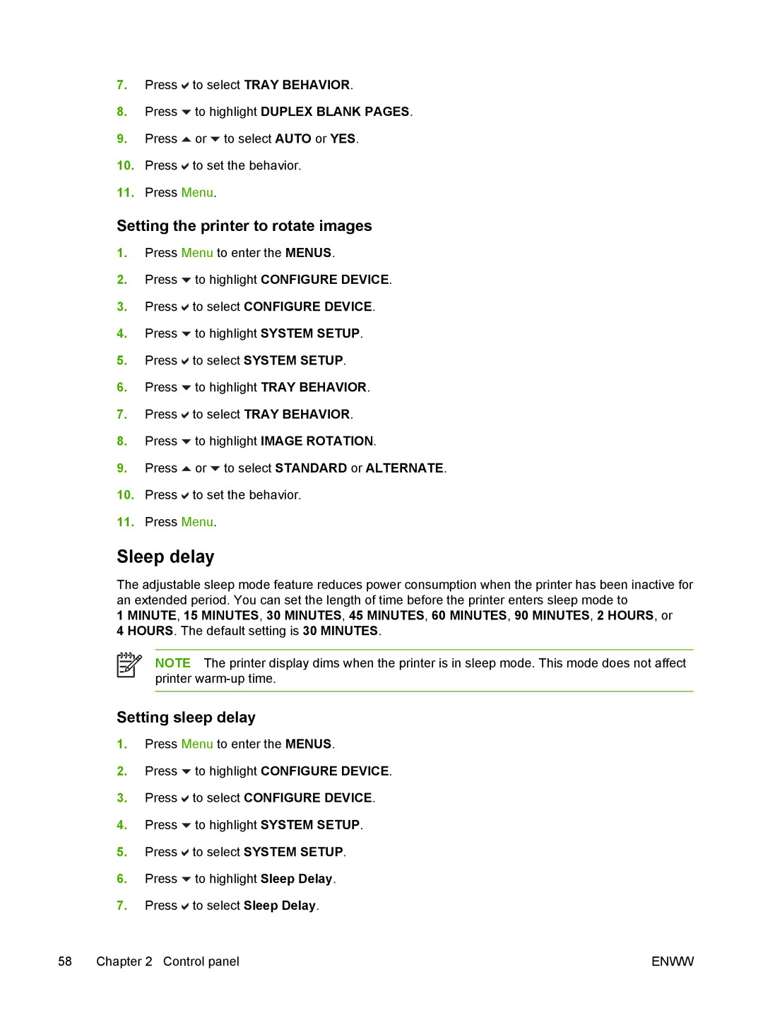 HP CP4005 manual Sleep delay, Setting the printer to rotate images, Setting sleep delay 