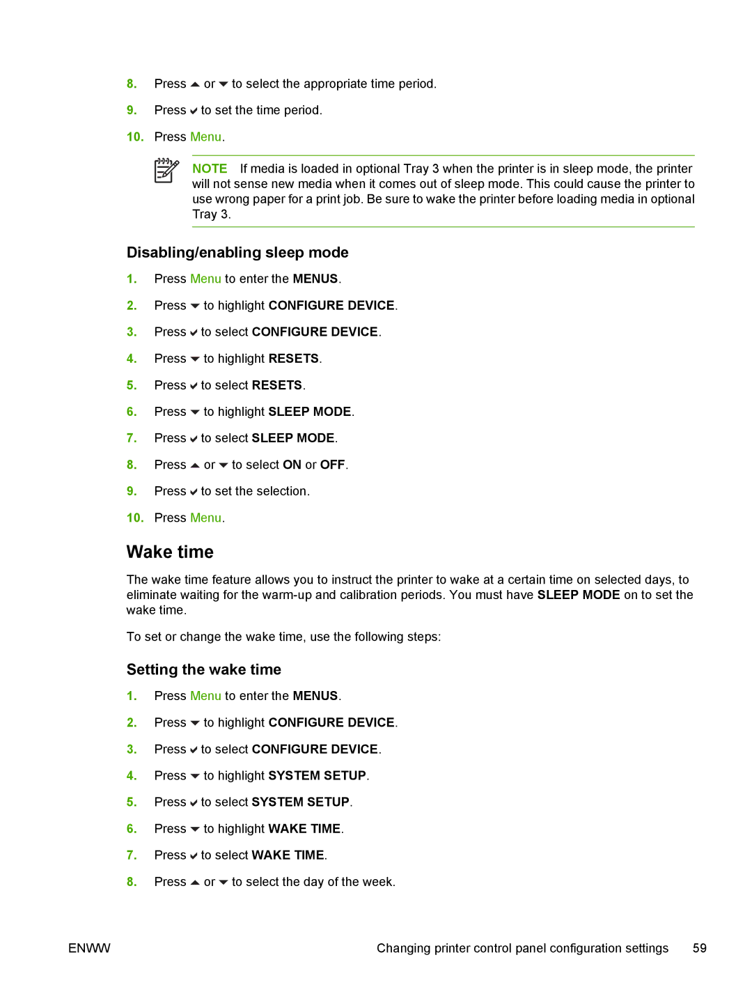 HP CP4005 manual Wake time, Disabling/enabling sleep mode, Setting the wake time 