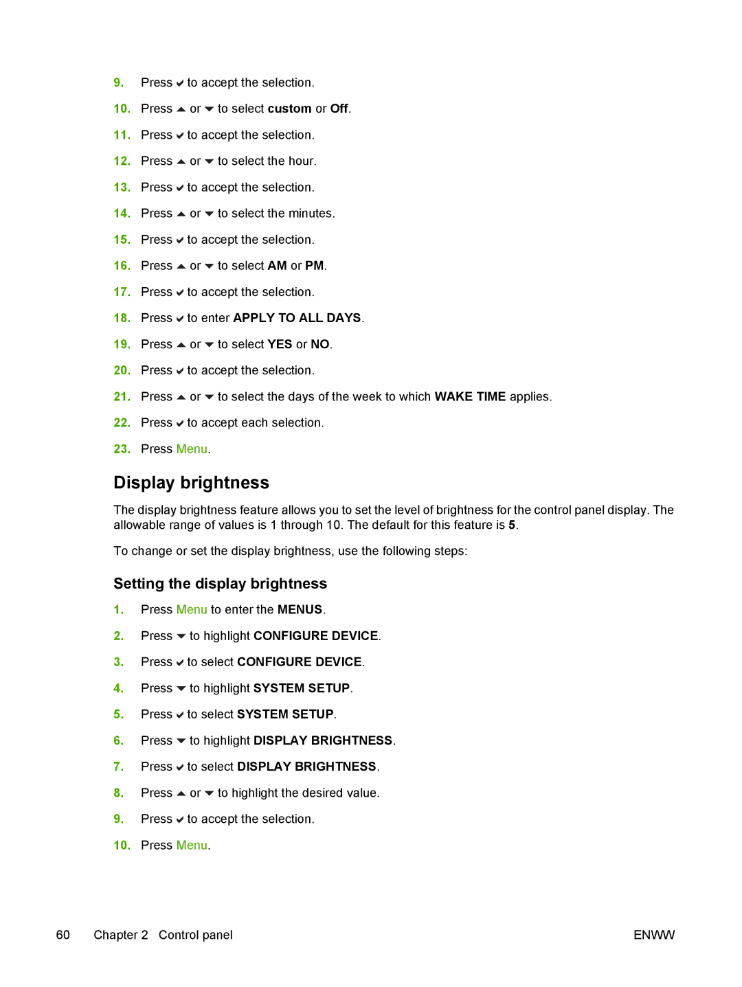 HP CP4005 manual Display brightness, Setting the display brightness 