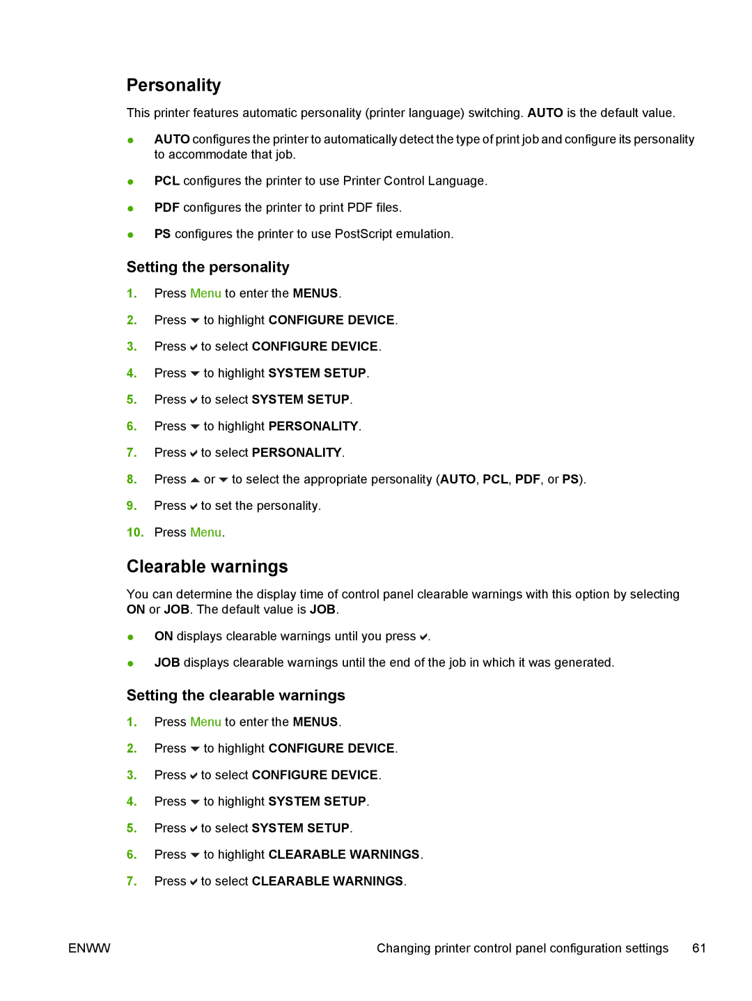 HP CP4005 manual Personality, Clearable warnings, Setting the personality, Setting the clearable warnings 