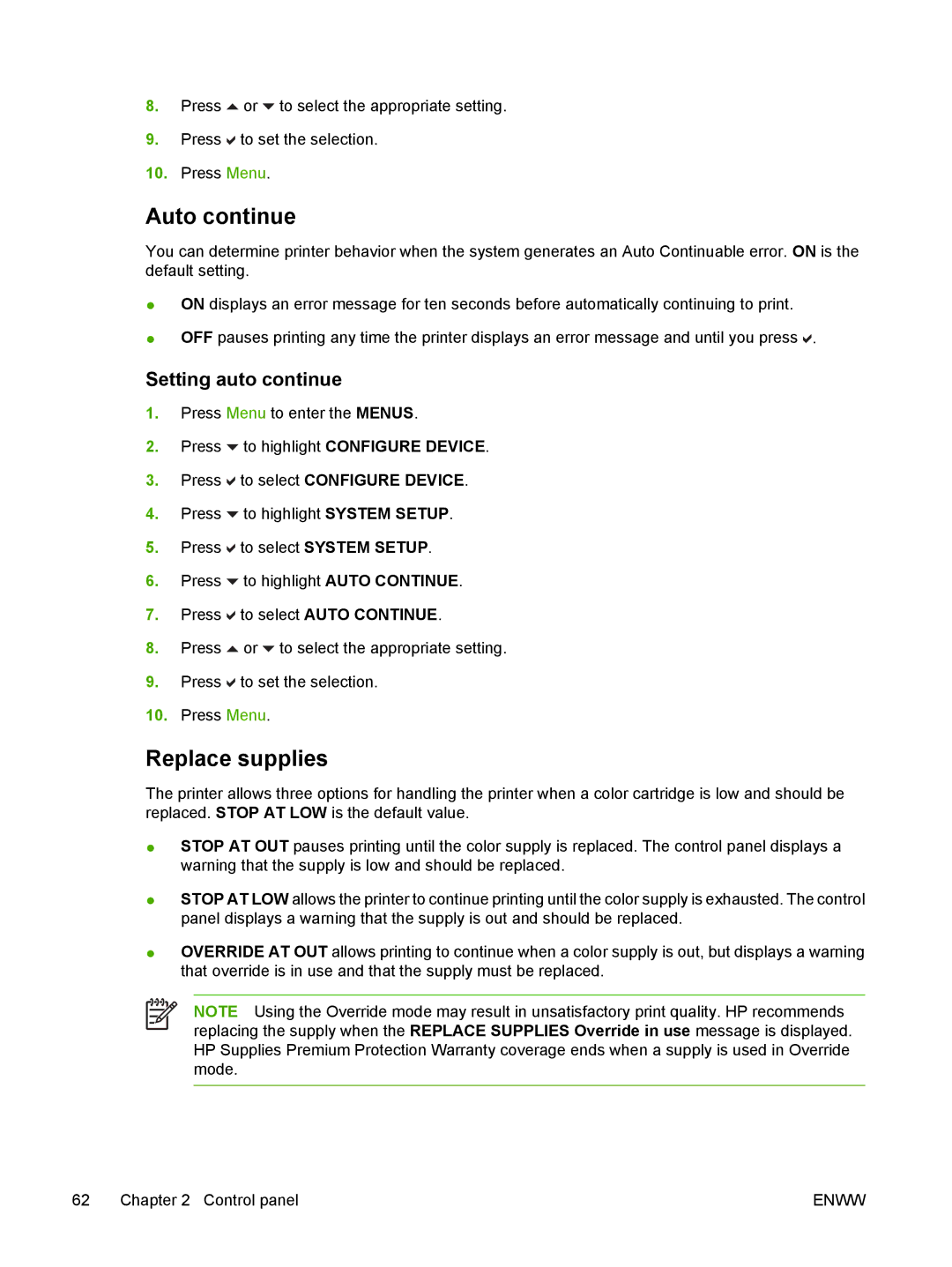 HP CP4005 manual Auto continue, Replace supplies, Setting auto continue 