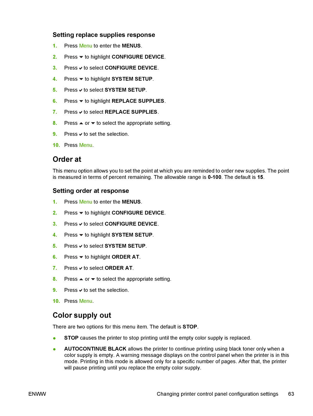 HP CP4005 manual Order at, Color supply out, Setting replace supplies response, Setting order at response 