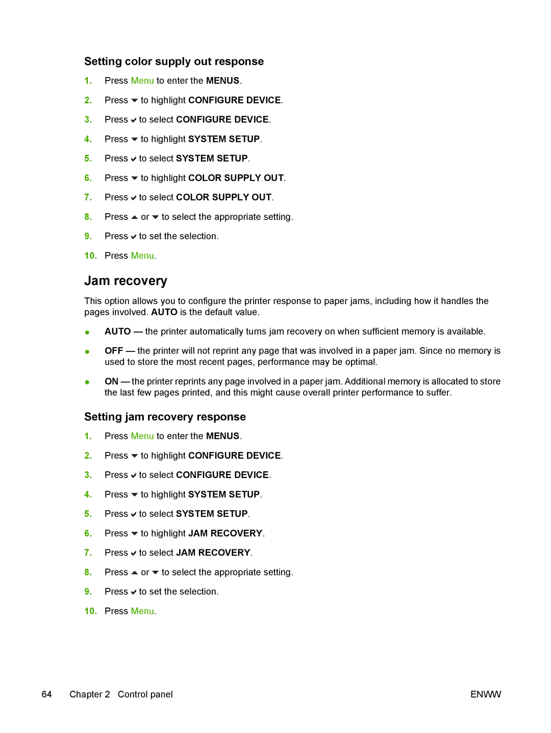 HP CP4005 manual Jam recovery, Setting color supply out response, Setting jam recovery response 