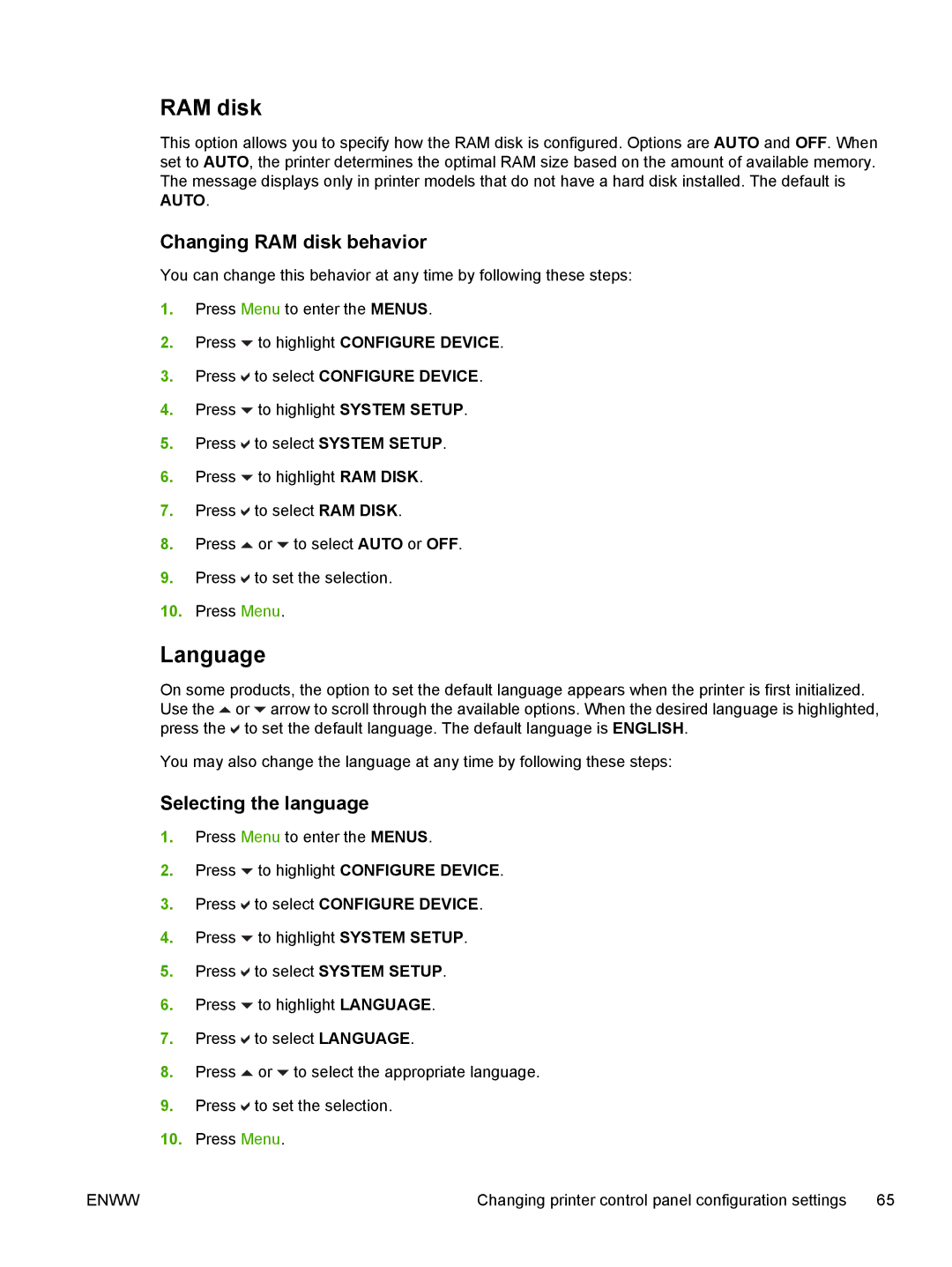 HP CP4005 manual Language, Changing RAM disk behavior, Selecting the language 