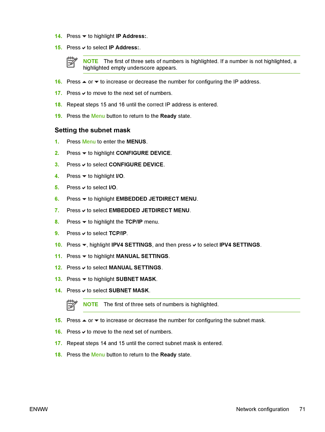 HP CP4005 manual Setting the subnet mask 