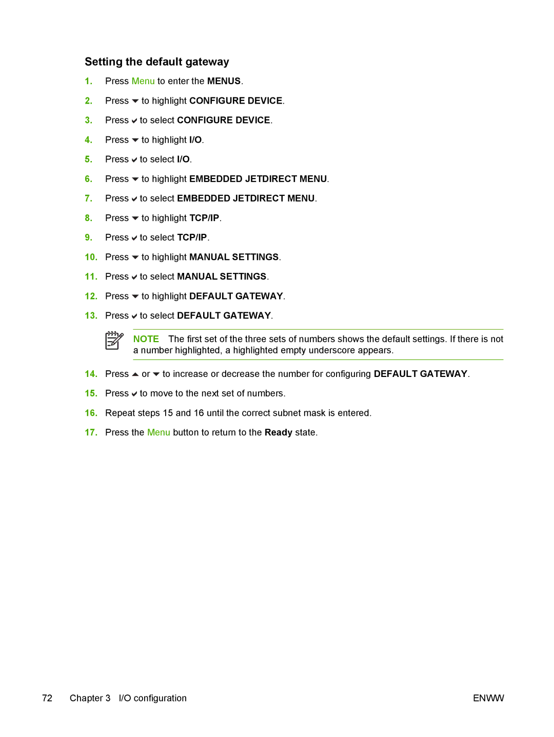 HP CP4005 manual Setting the default gateway 