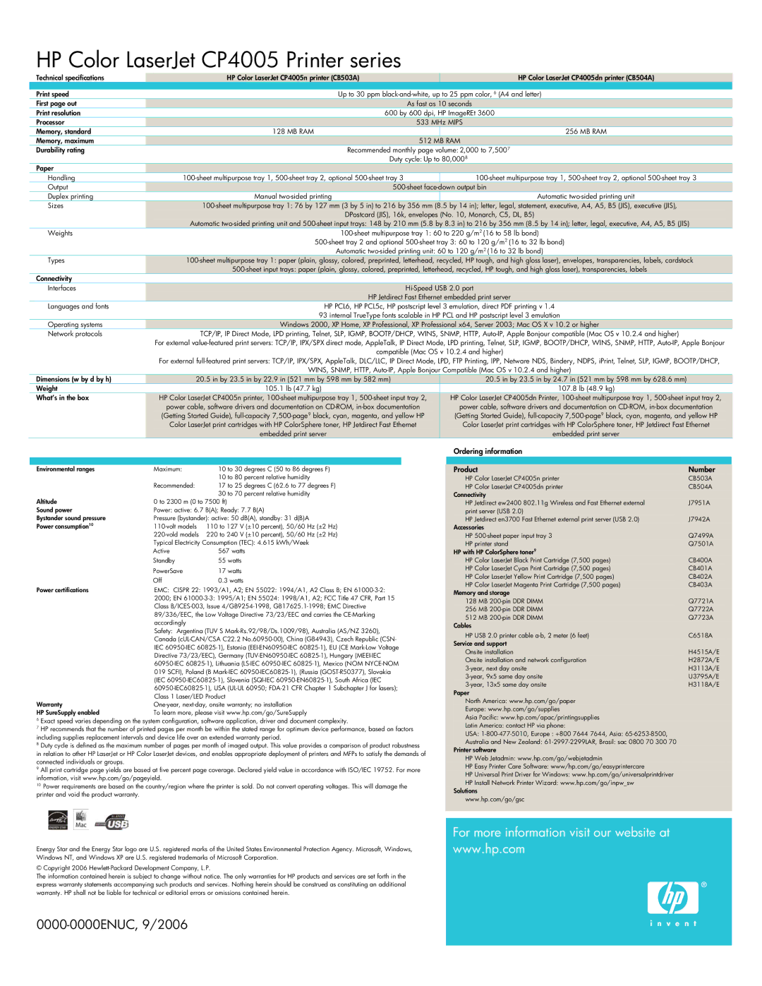 HP CP4005n, CP4005dn manual 0000-0000ENUC, 9/2006 