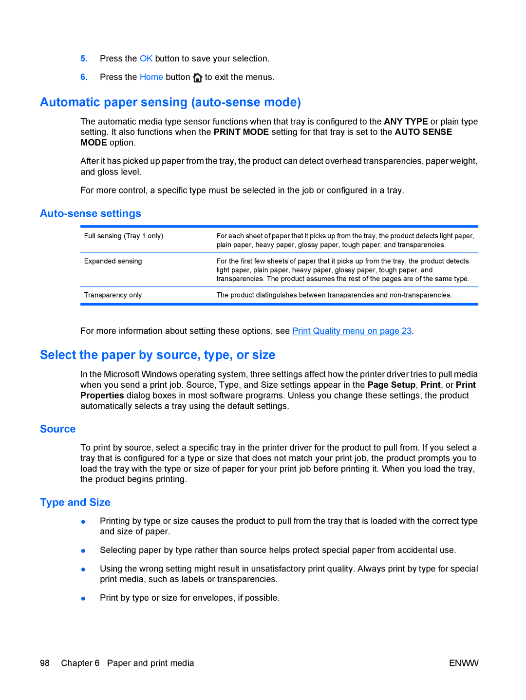 HP CP4025DN Laser CC490A manual Automatic paper sensing auto-sense mode, Select the paper by source, type, or size, Source 