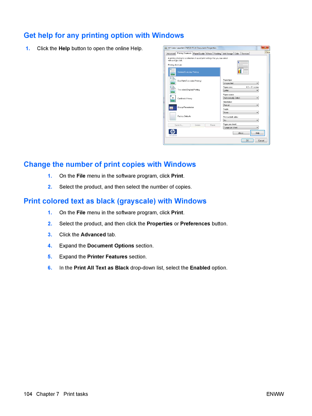 HP CP4025DN Laser CC490A Get help for any printing option with Windows, Change the number of print copies with Windows 