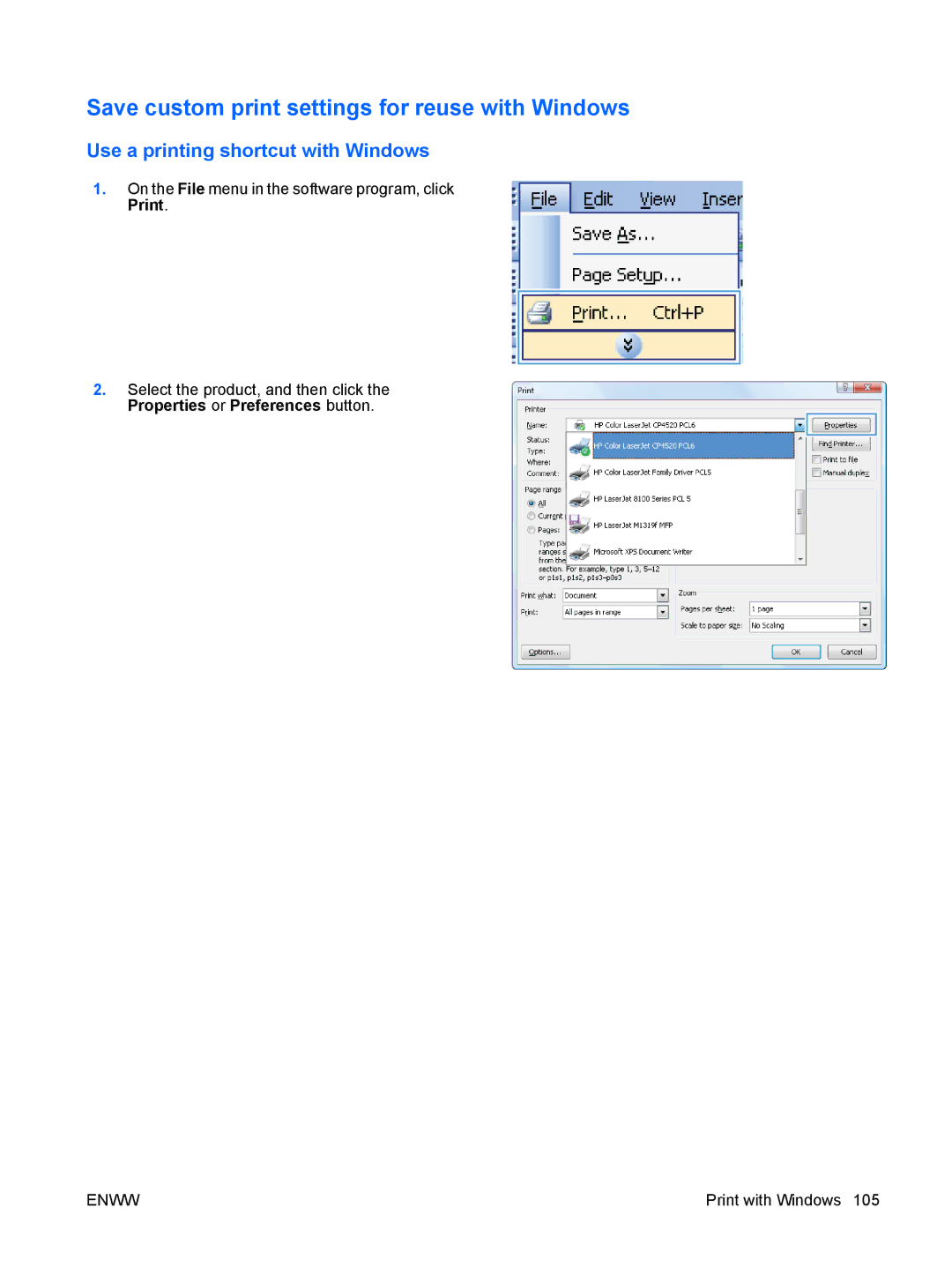 HP CP4025DN Laser CC490A manual Save custom print settings for reuse with Windows, Use a printing shortcut with Windows 