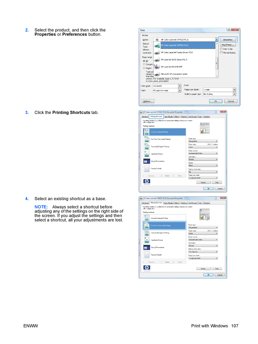 HP CP4025DN Laser CC490A manual Select an existing shortcut as a base 