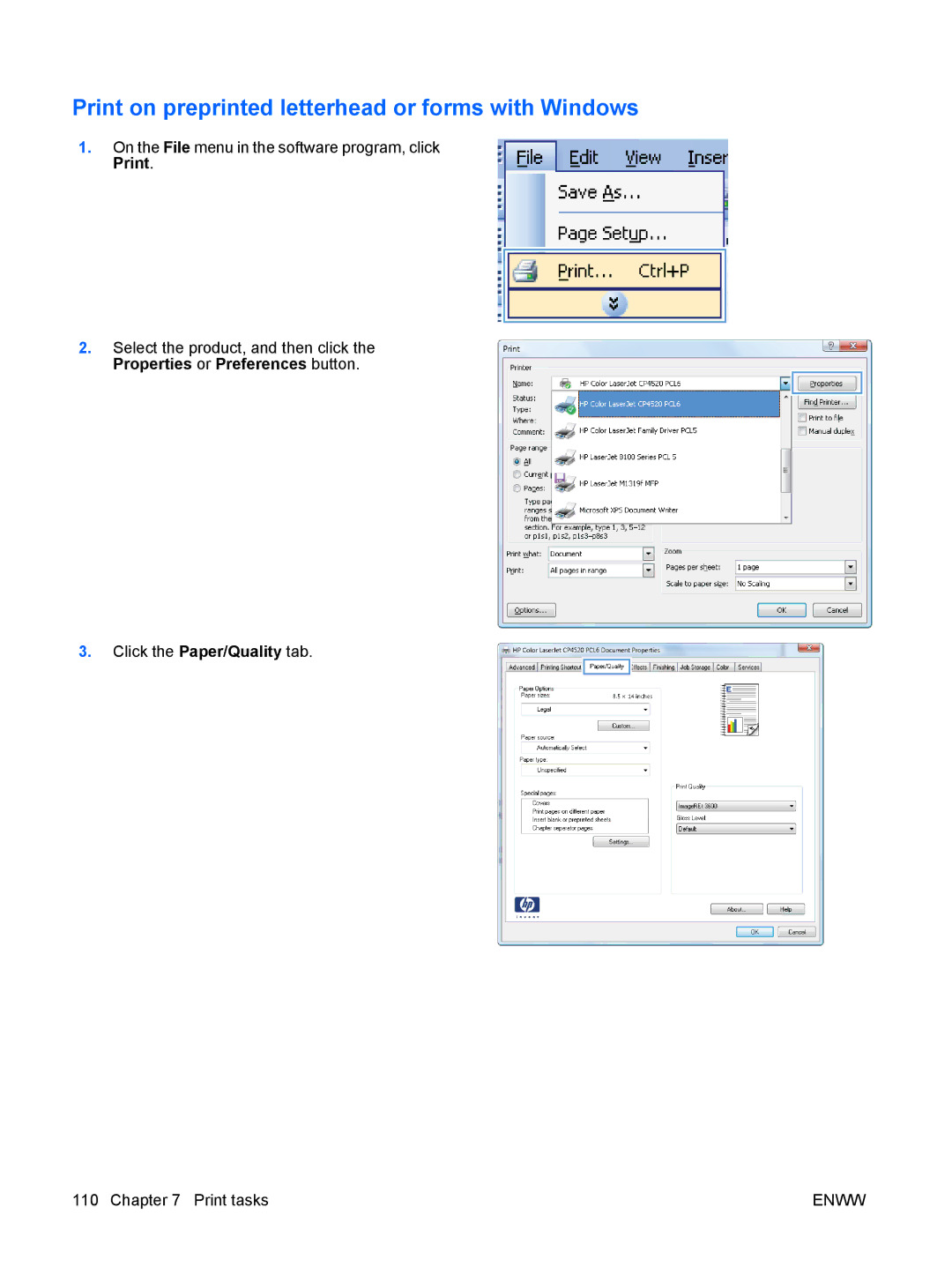 HP CP4025DN Laser CC490A manual Print on preprinted letterhead or forms with Windows 