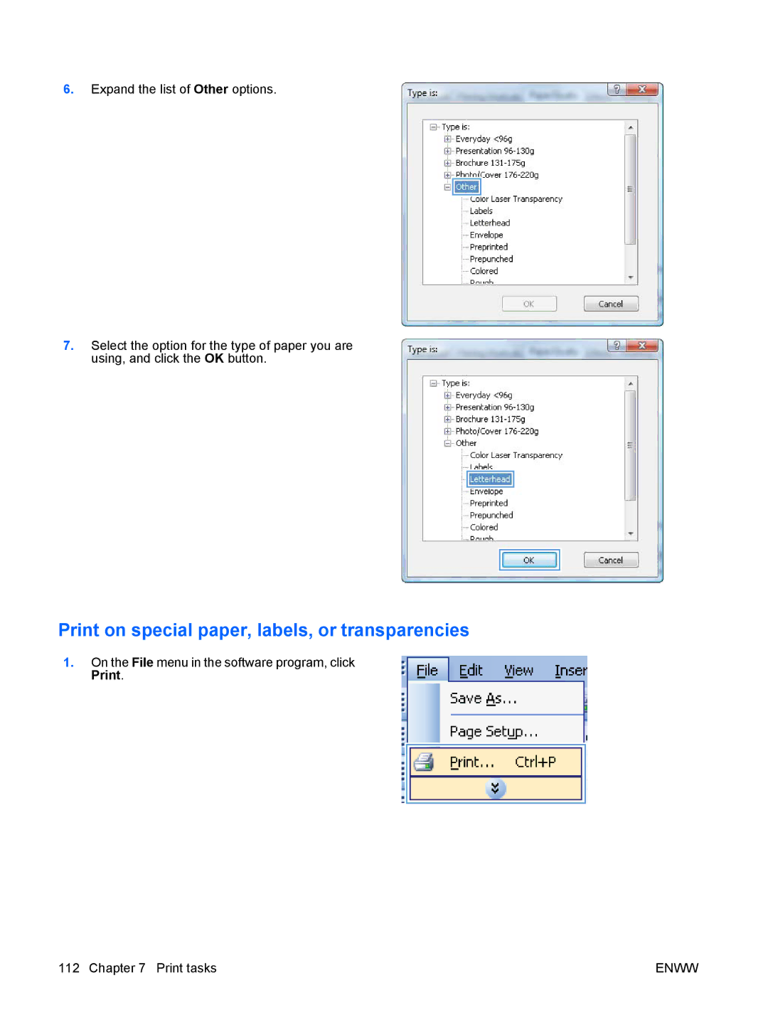 HP CP4025DN Laser CC490A manual Print on special paper, labels, or transparencies 