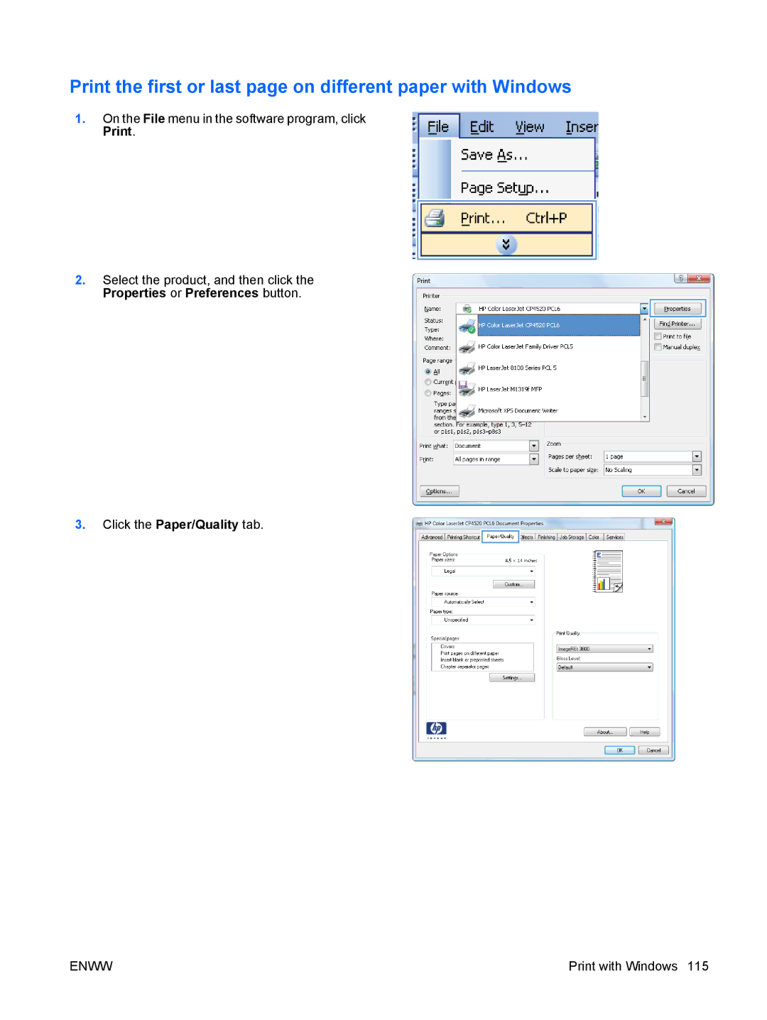 HP CP4025DN Laser CC490A manual Print the first or last page on different paper with Windows 