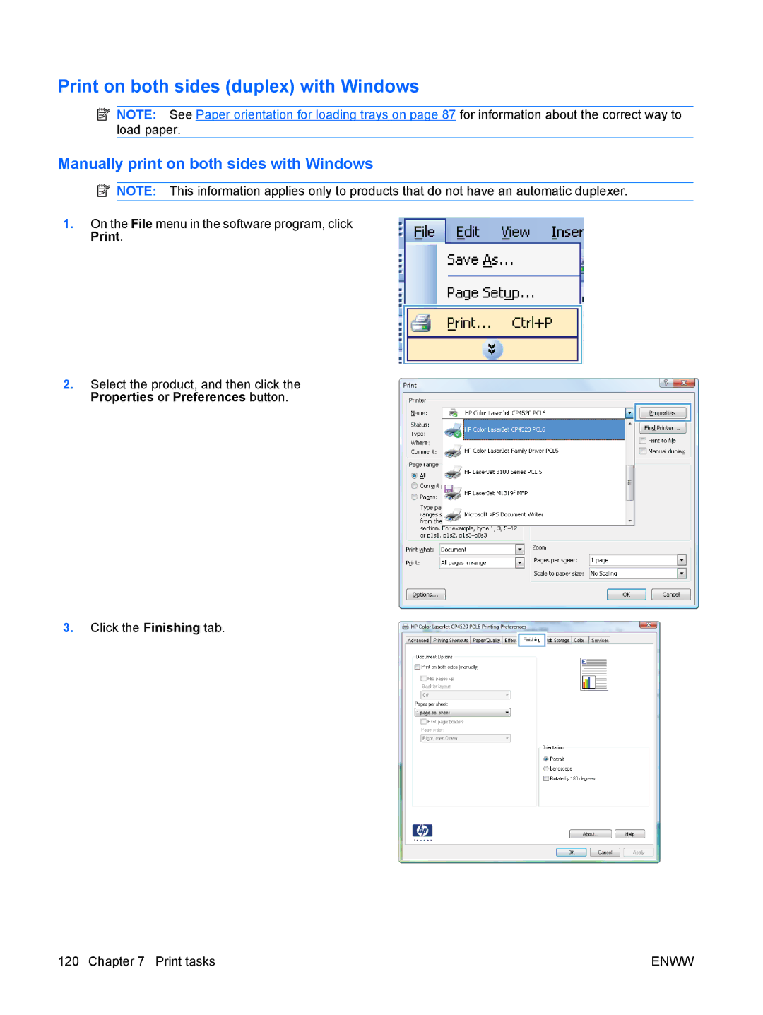 HP CP4025DN Laser CC490A manual Print on both sides duplex with Windows, Manually print on both sides with Windows 