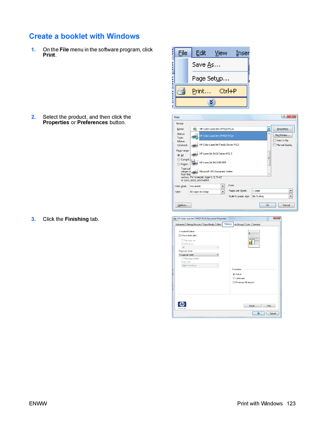 HP CP4025DN Laser CC490A manual Create a booklet with Windows 