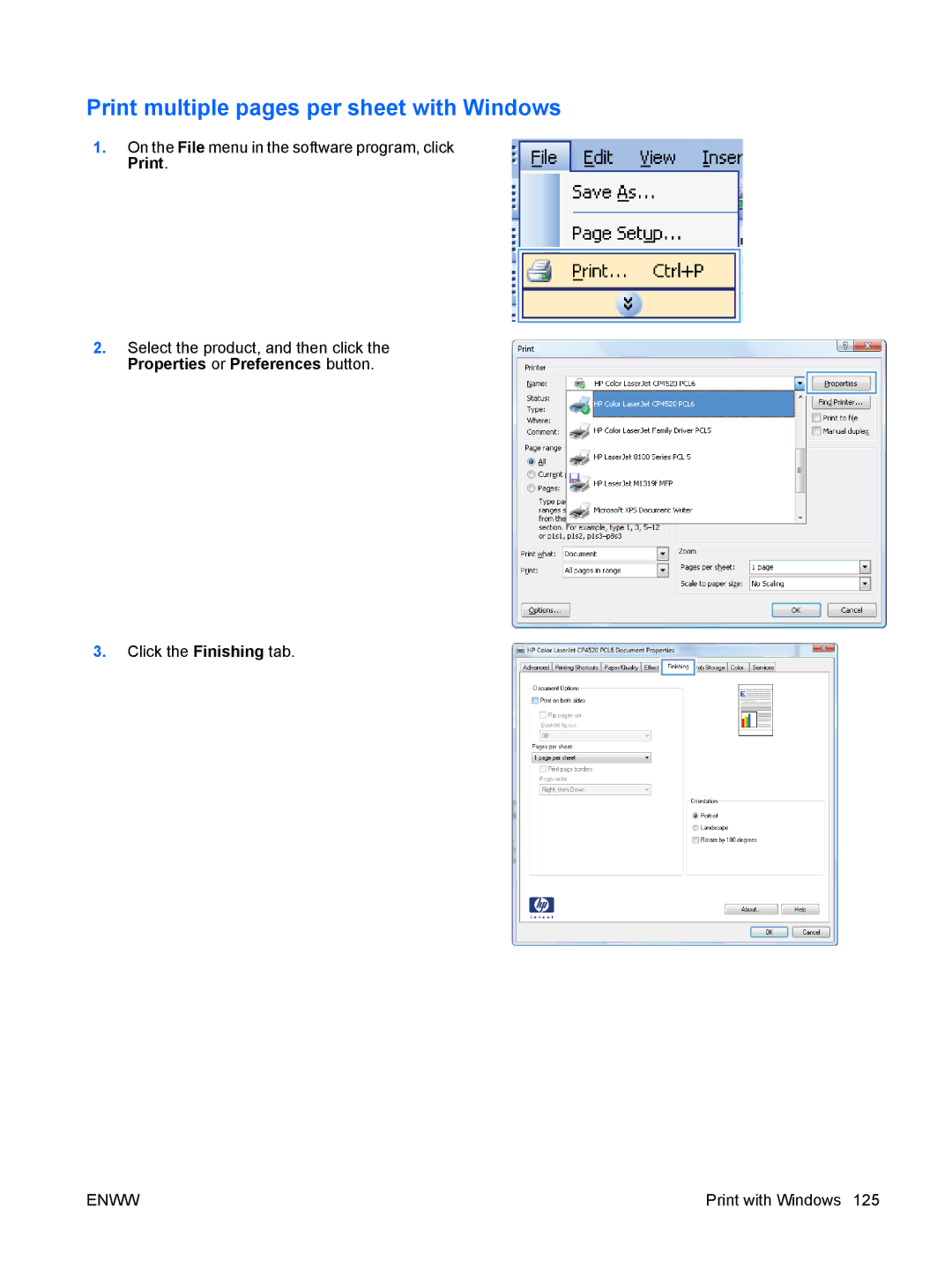 HP CP4025DN Laser CC490A manual Print multiple pages per sheet with Windows 