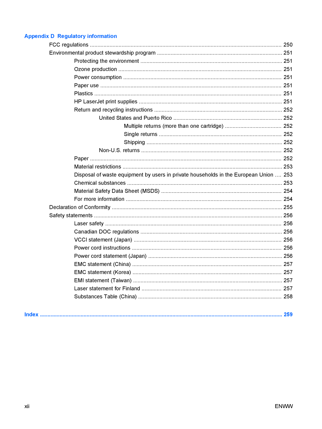 HP CP4025DN Laser CC490A manual Appendix D Regulatory information, 259 