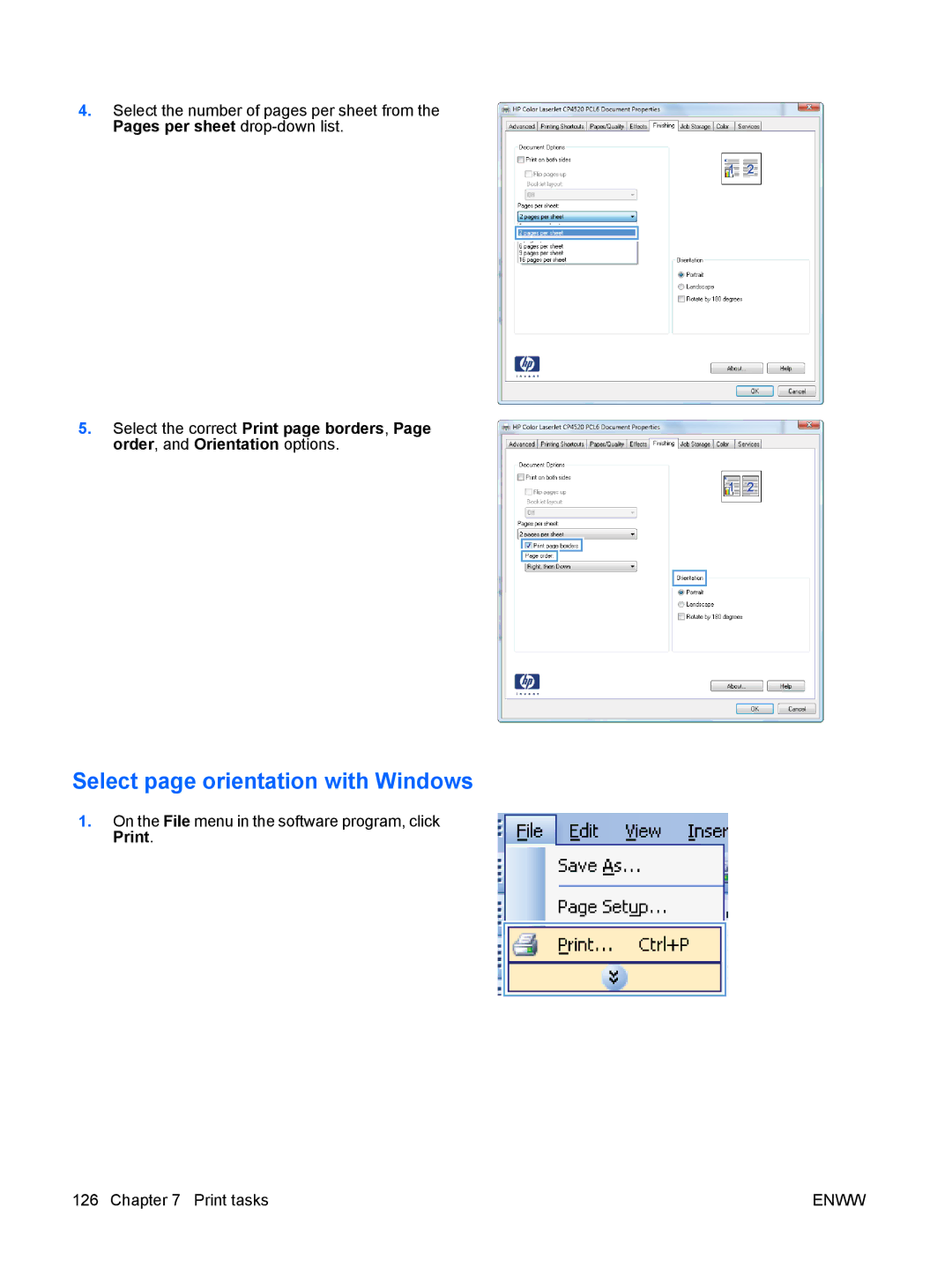 HP CP4025DN Laser CC490A manual Select page orientation with Windows 