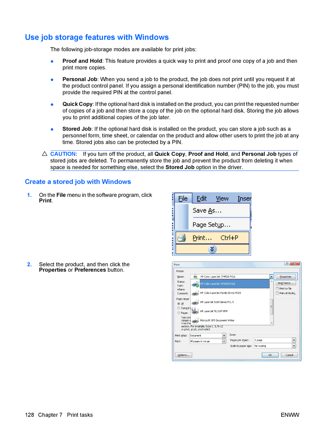 HP CP4025DN Laser CC490A manual Use job storage features with Windows, Create a stored job with Windows 