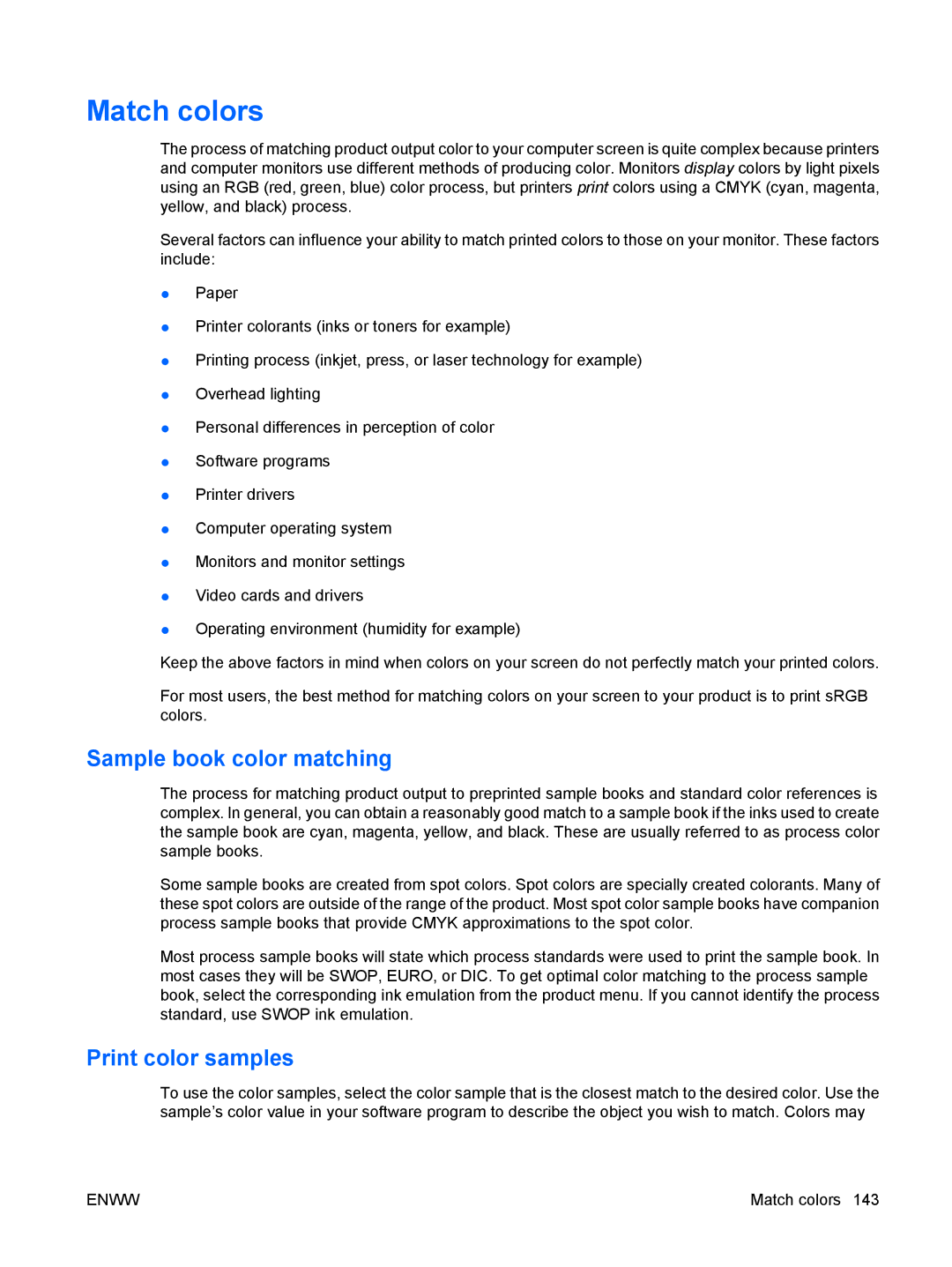 HP CP4025DN Laser CC490A manual Match colors, Sample book color matching, Print color samples 