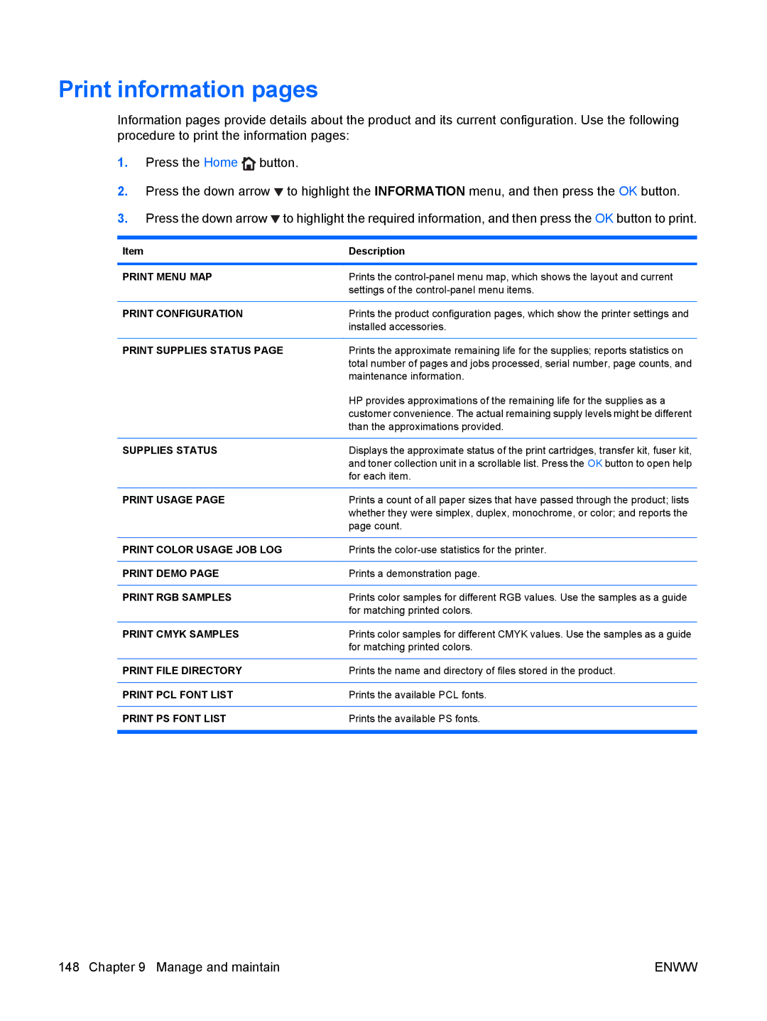 HP CP4025DN Laser CC490A manual Print information pages, Description 