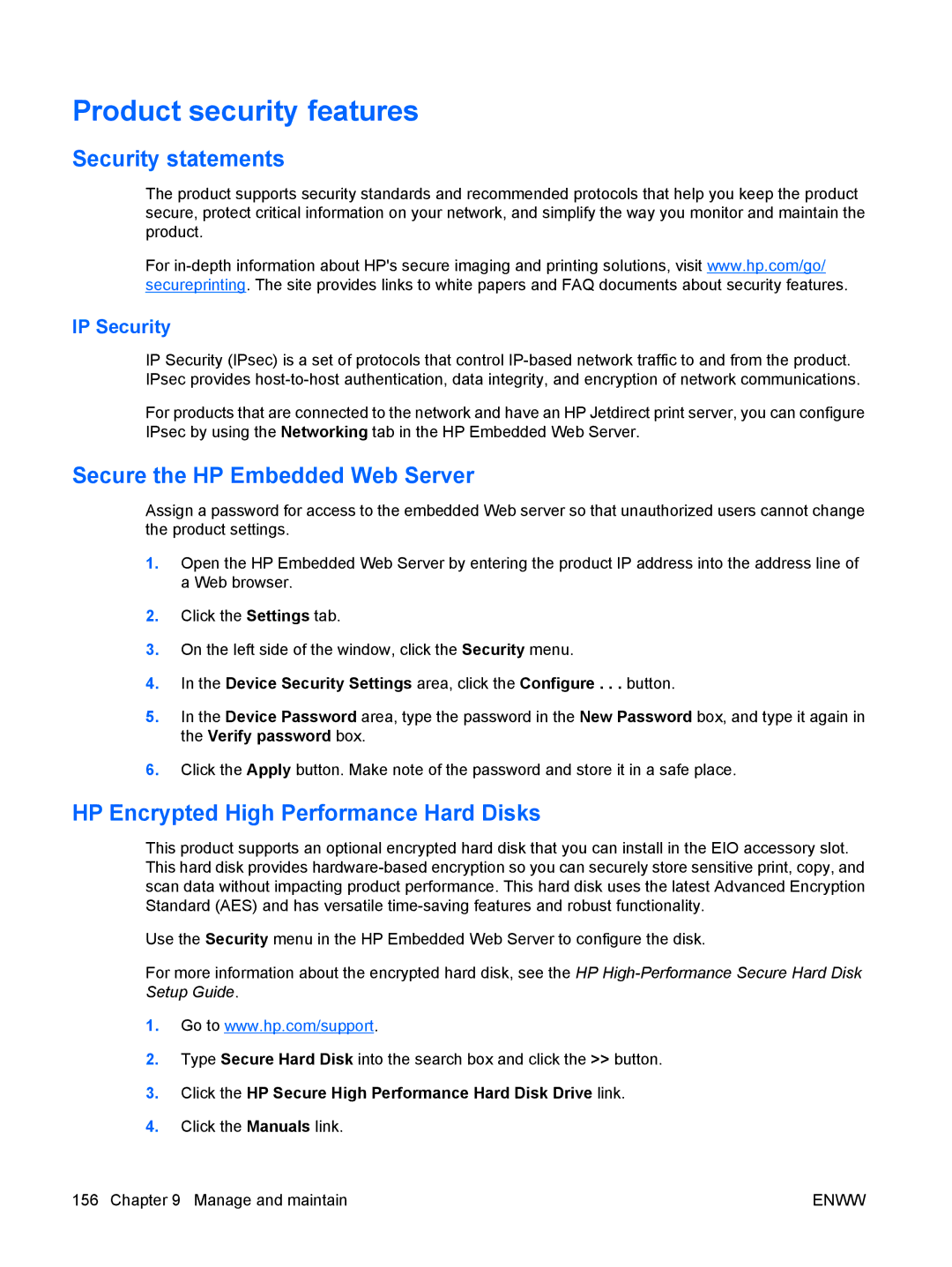 HP CP4025DN Laser CC490A Product security features, Security statements, Secure the HP Embedded Web Server, IP Security 