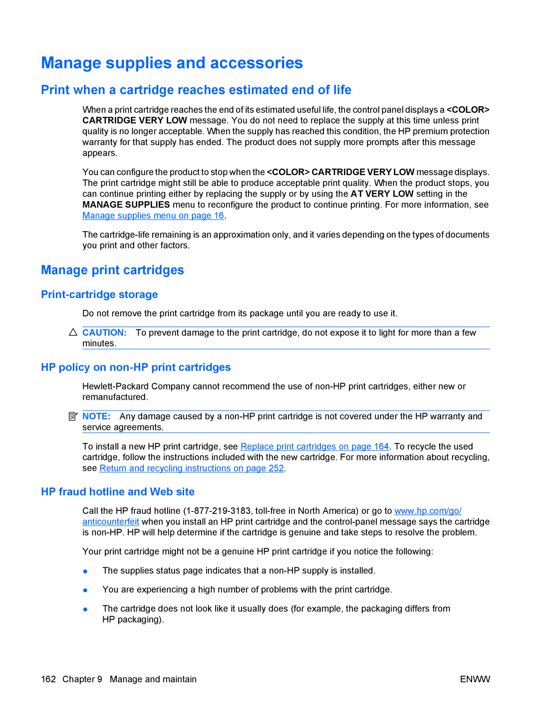 HP CP4025DN Laser CC490A manual Manage supplies and accessories, Print when a cartridge reaches estimated end of life 