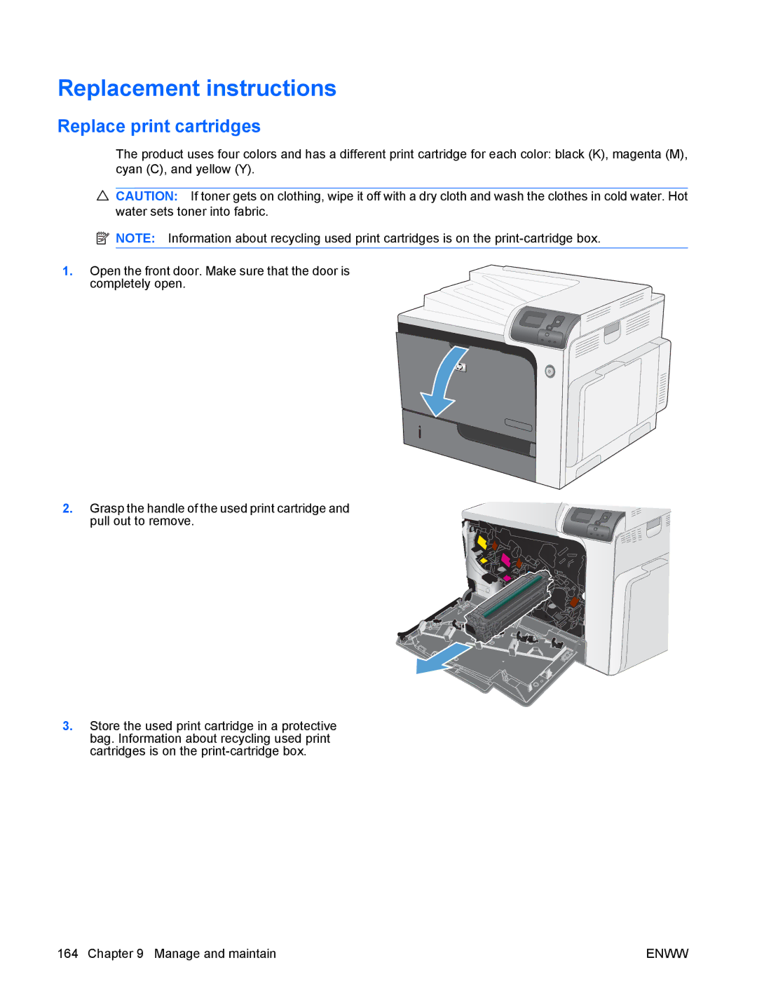 HP CP4025DN Laser CC490A manual Replacement instructions, Replace print cartridges 