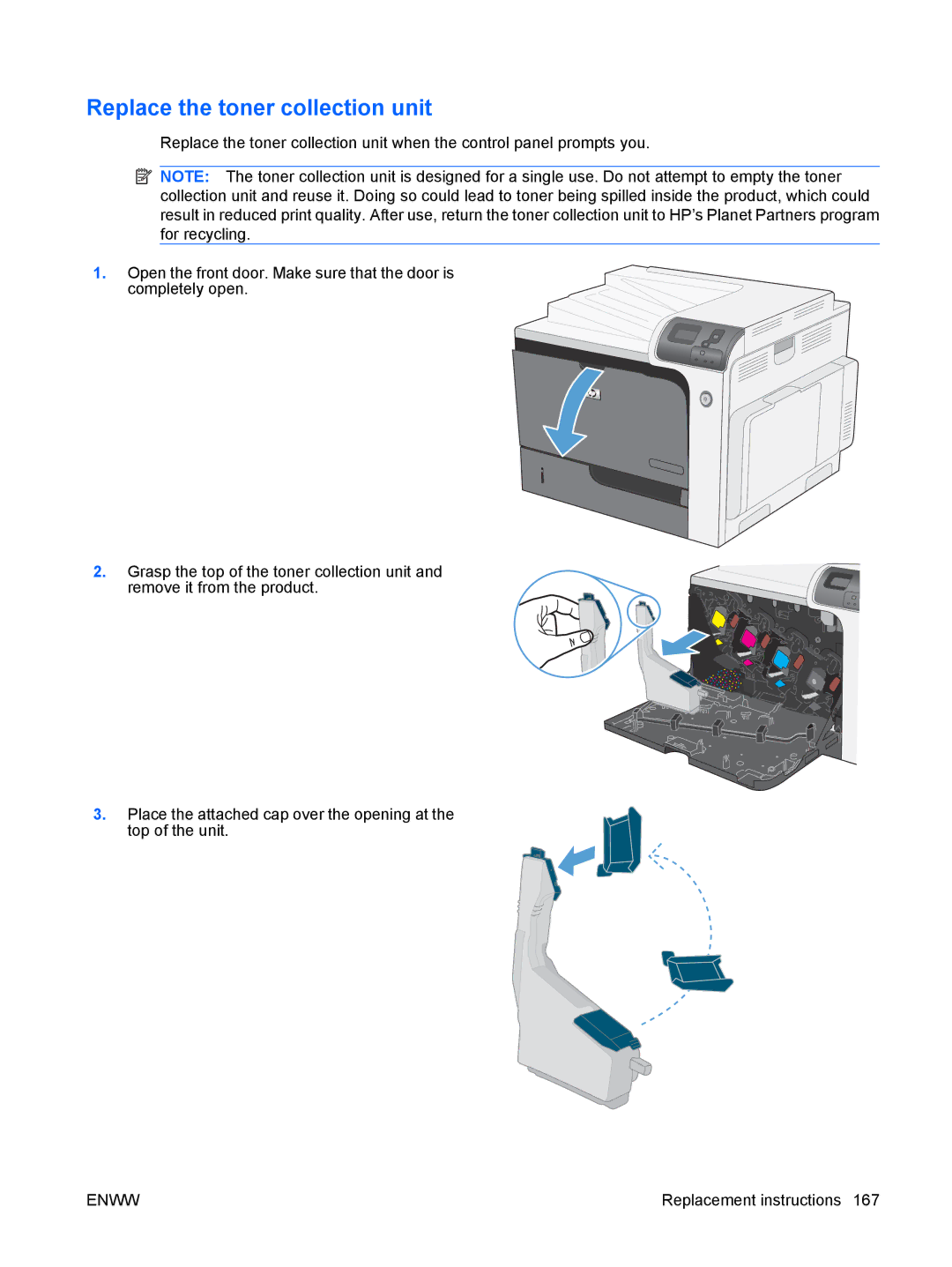 HP CP4025DN Laser CC490A manual Replace the toner collection unit 