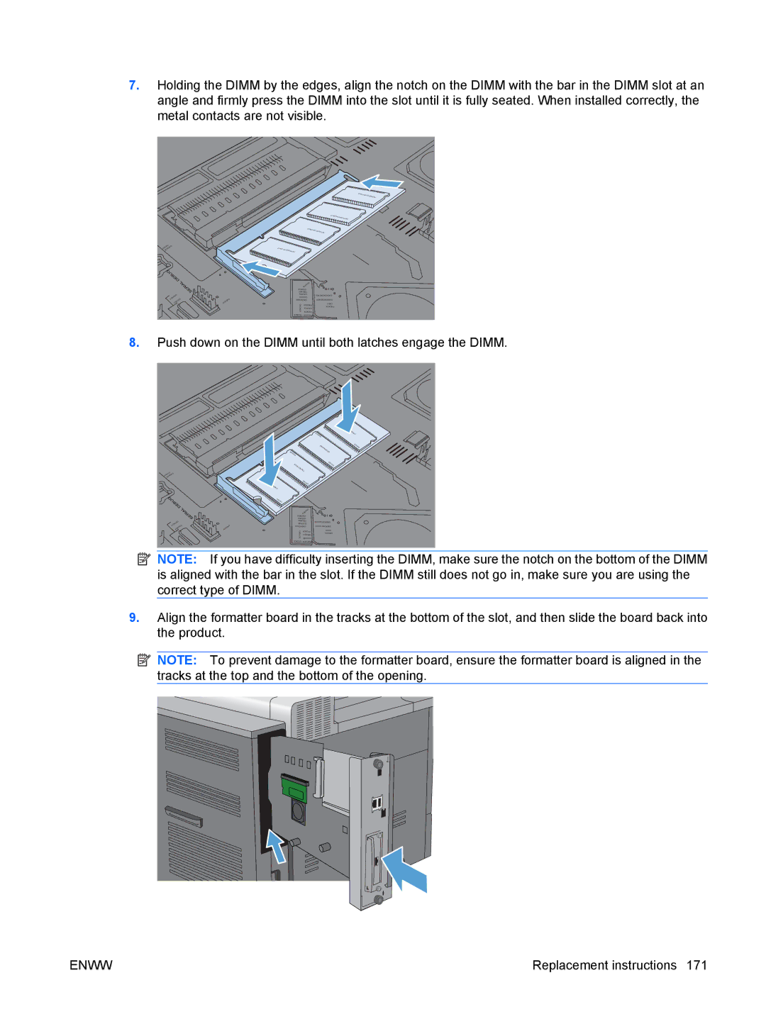 HP CP4025DN Laser CC490A manual Push down on the Dimm until both latches engage the Dimm 